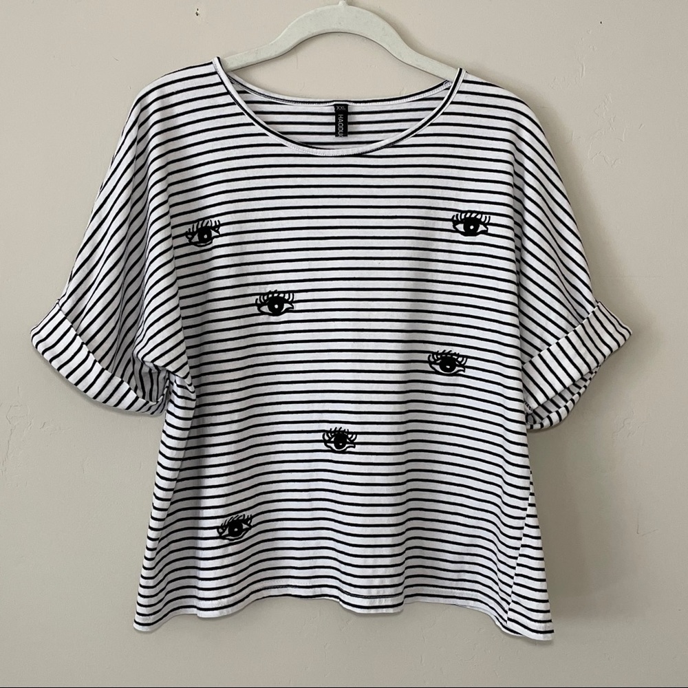 Striped t-shirt Embroidered Eyes Boxy Short Sleeve Tee Halloween Spooky XXL